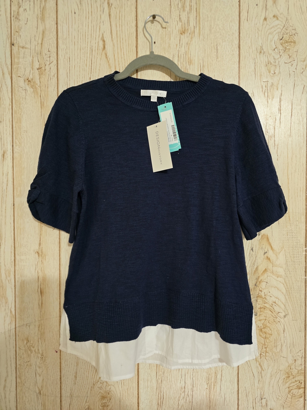Design History STITCH FIX Navy Short-Sleeve Layered Sweater with White Hem M